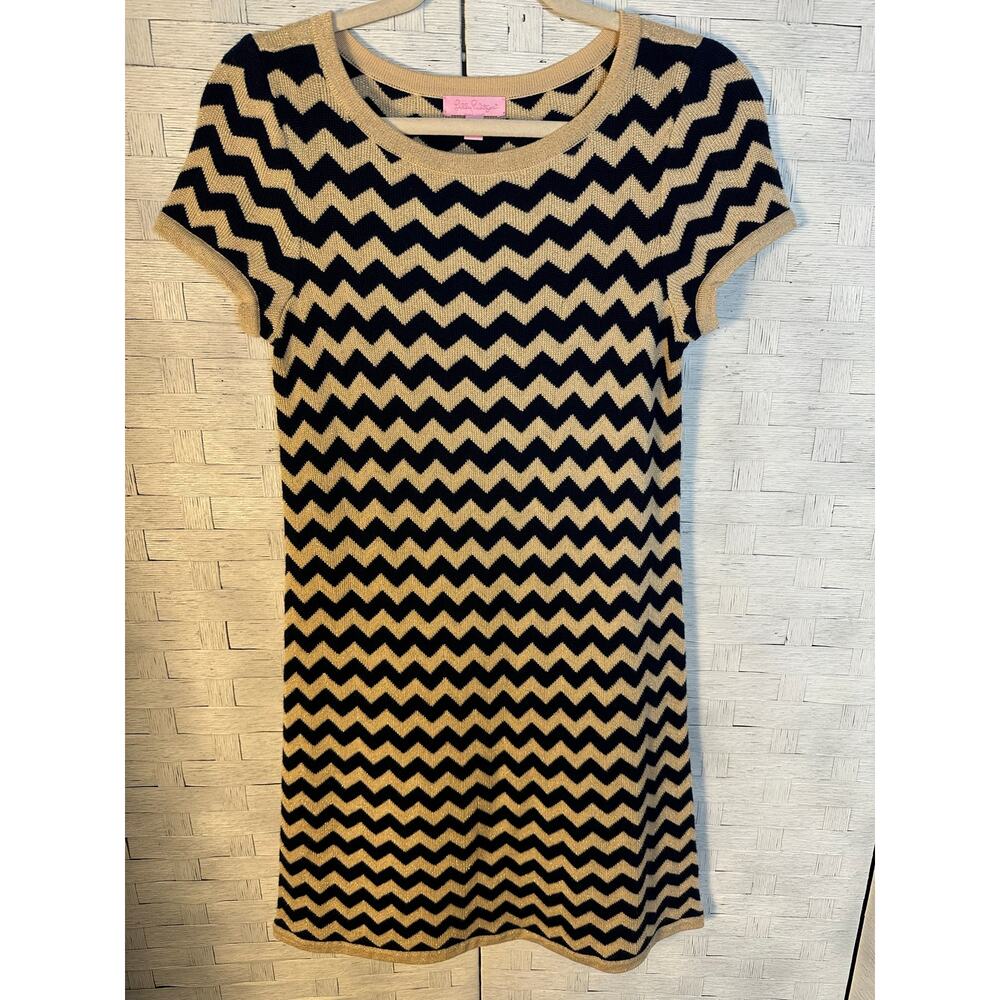 Lilly Pulitzer Womens sweater dress Santana navy gold Chevron romantic preppy